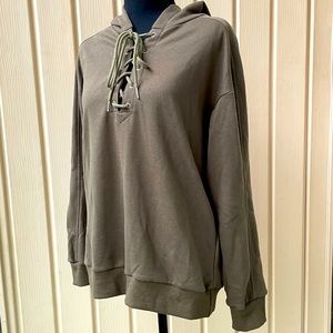 Cute Olive Green Dark Long Sleeve Hooded Lace Up V-Neck Sweatshirt